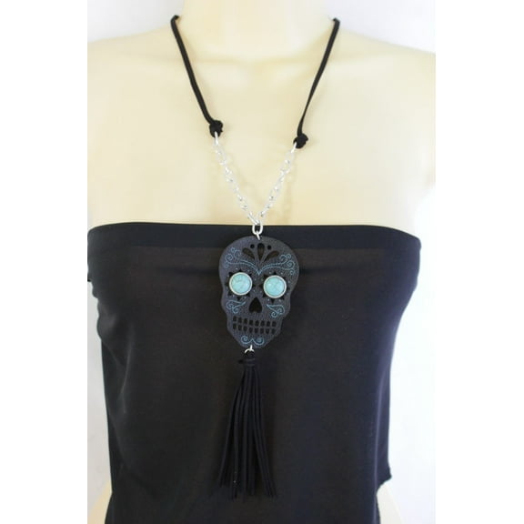 Women Black Long Fringes Skull Necklace Silver Chain Fashion Jewelry Blue Eyes