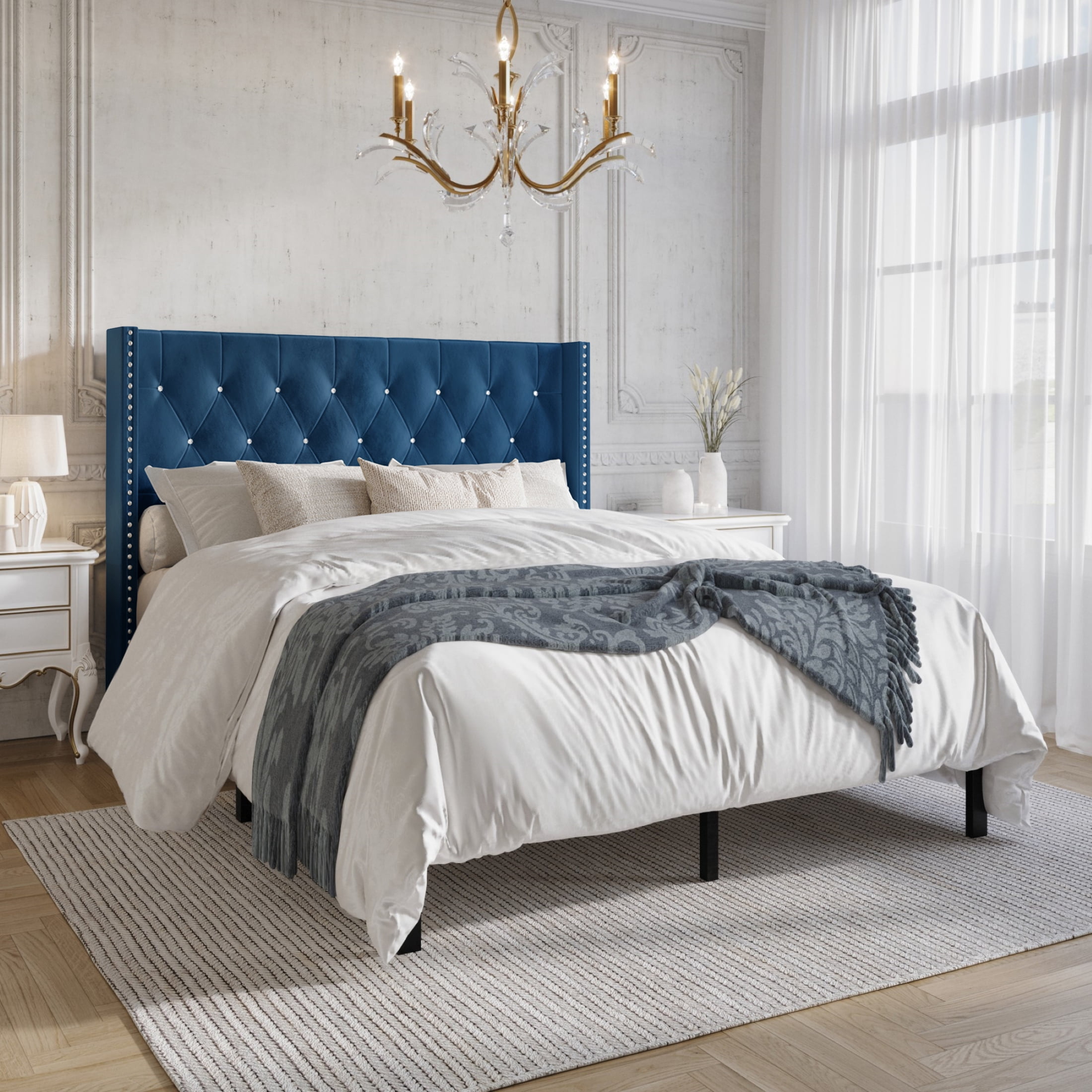 Castle Place Button Tufted Wingback Velvet Upholstered Bed, Navy Blue, King