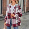 thumbnail image 2 of Abrigo a cuadros para mujer, chaqueta con botones y capucha, ajuste holgado, informal, a la moda, para otoño e invierno, rojo vino M, 2 of 6