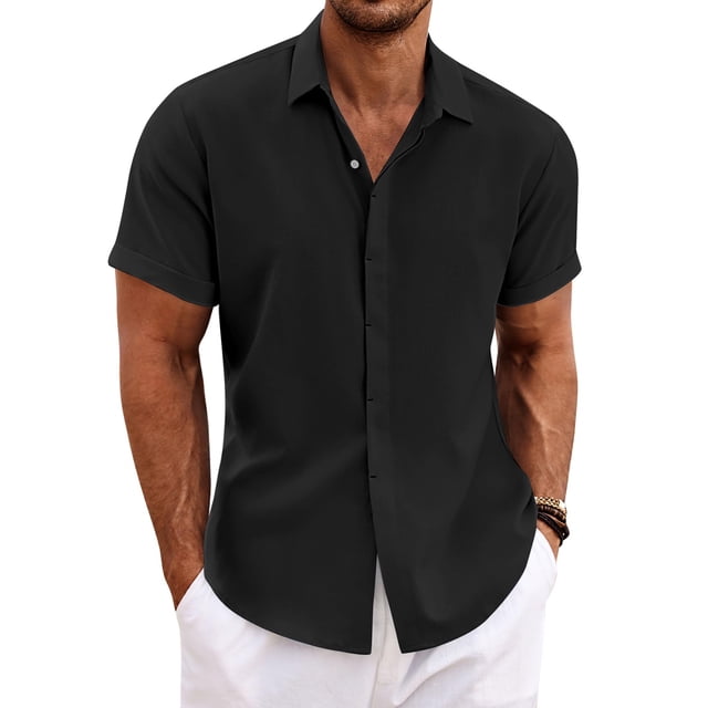 Camisa de lino para hombre COOFANDY, manga corta, casual, negra