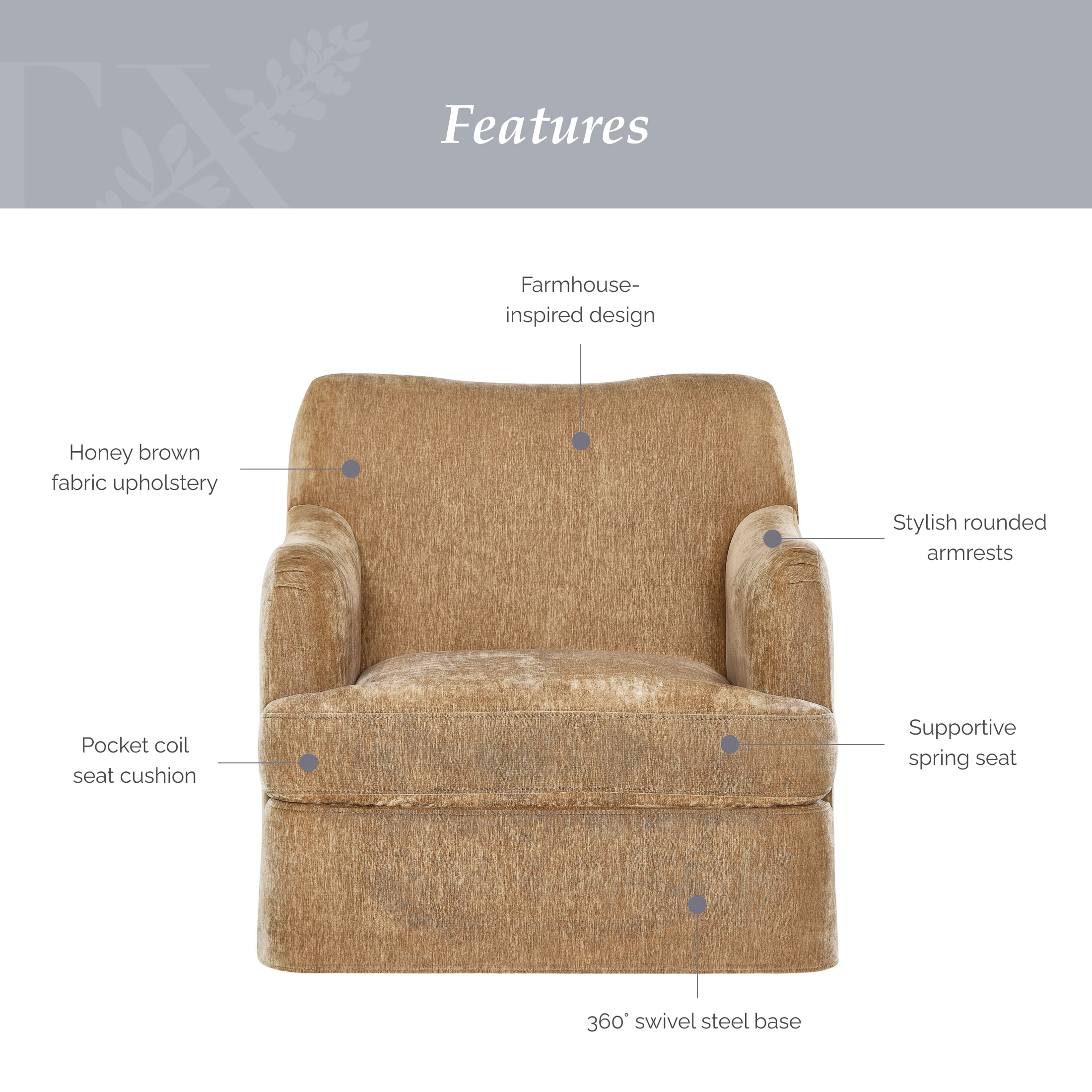 My Texas House Lauren Swivel Accent Chair, Honey Brown Fabric Upholstery