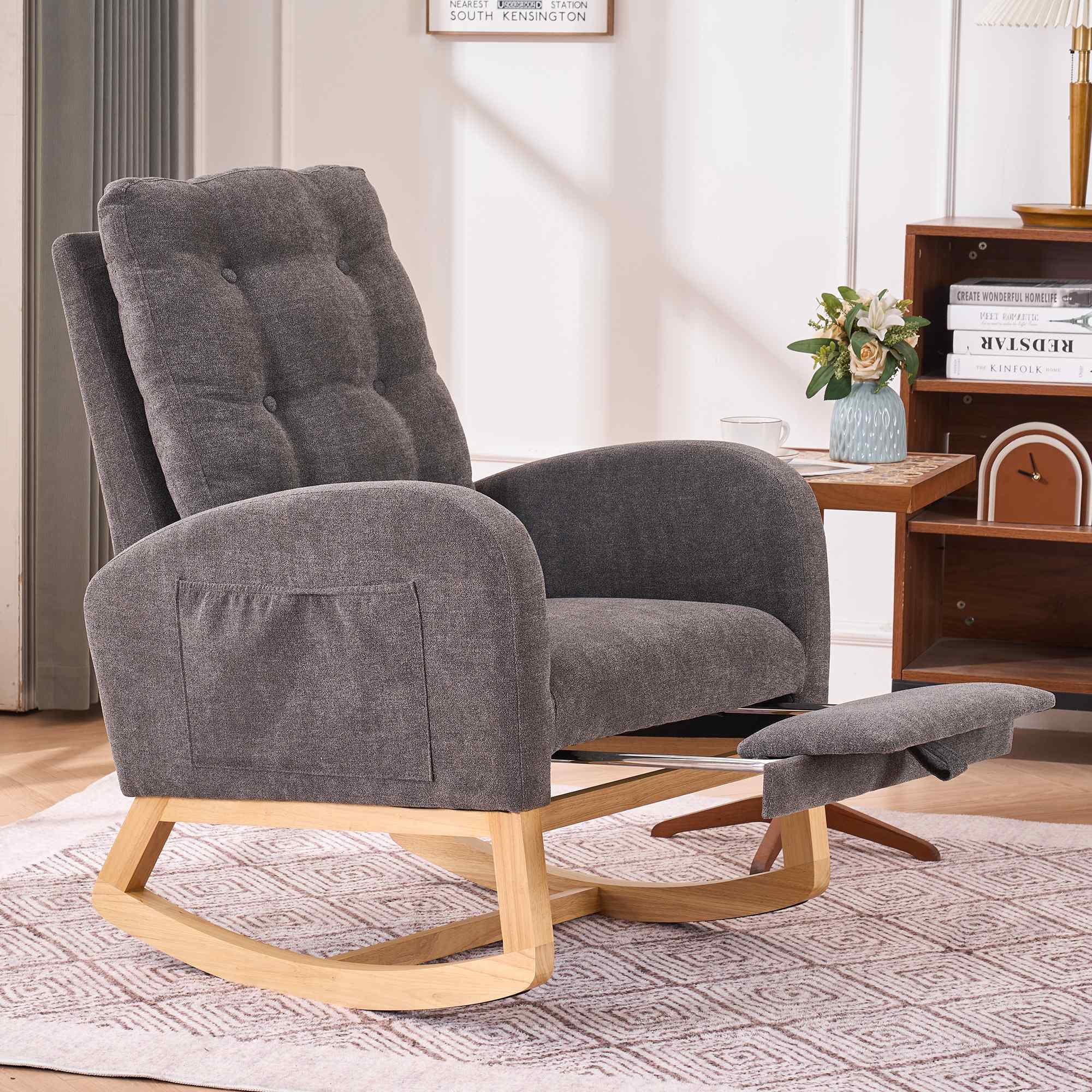 Timbernest Accent Rocking Chair with Footrest, High Back, Rubberwood Rocking Legs for Nursery, Living Space, Teddy Gray