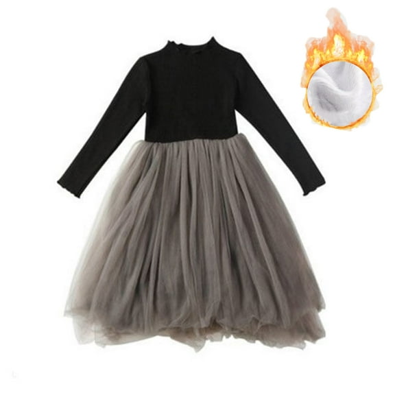 LYMAYTER Kids Girls Fleece Dresses Toddler Solid Color Long Sleeve Princess Dresses Winter Warm Tulle Tutu 3-12 Years