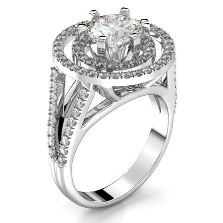 1.1 Carat Weight Halo Round Brilliant Diamond Engagement Ring - 14K White