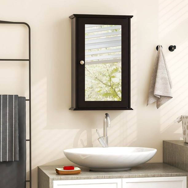COSTWAY Bathroom Wall Cabinet Single Mirror Door Cupboard Storage Wood Shelf