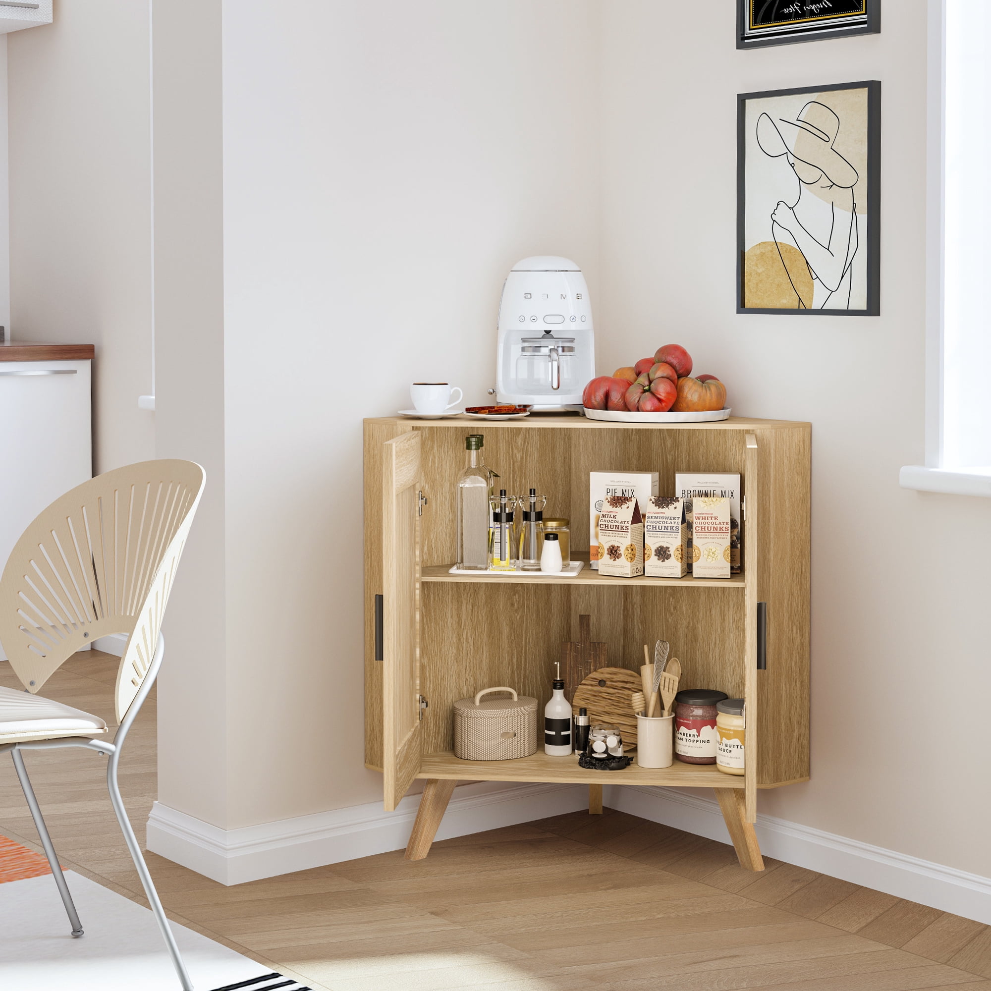 Fluted Corner Cabinet with 2 Doors & Adjustable Shelves, Space-Saving Floor Storage Cabinet for Bathroom, Kitchen, Living Room, Modern Freestanding Organizer (Oak)