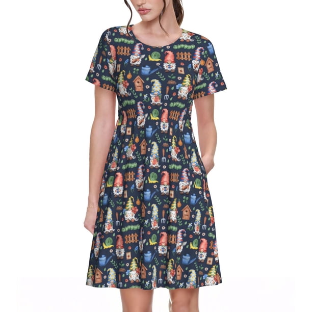 Balery Garden Gnomes Vestidos sueltos de manga corta para mujer, vestidos de verano 2025, vestidos casuales de corte A con vuelo.