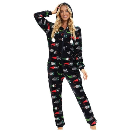

Women Onesies Pajamas Christmas Fluffy Fleece Warm Plus Size Hooded Jumpsuits Sleepwear Winter Casual Pajamas Homewear