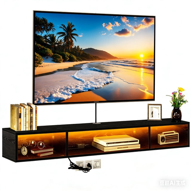 WELIKERA Mueble para TV 70 Pulgadas con Luces RGB, Repisas Flotantes de Pared para TV con Toma de Corriente, Almacenamiento Debajo para Salón, Dormitorio, Negro