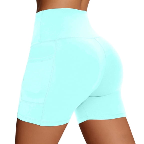 IWRICH Biker Shorts Women with Pockets High Waist Soft Tummy Control Workout Shorts for Yoga Athletic Gym Sky Blue XS