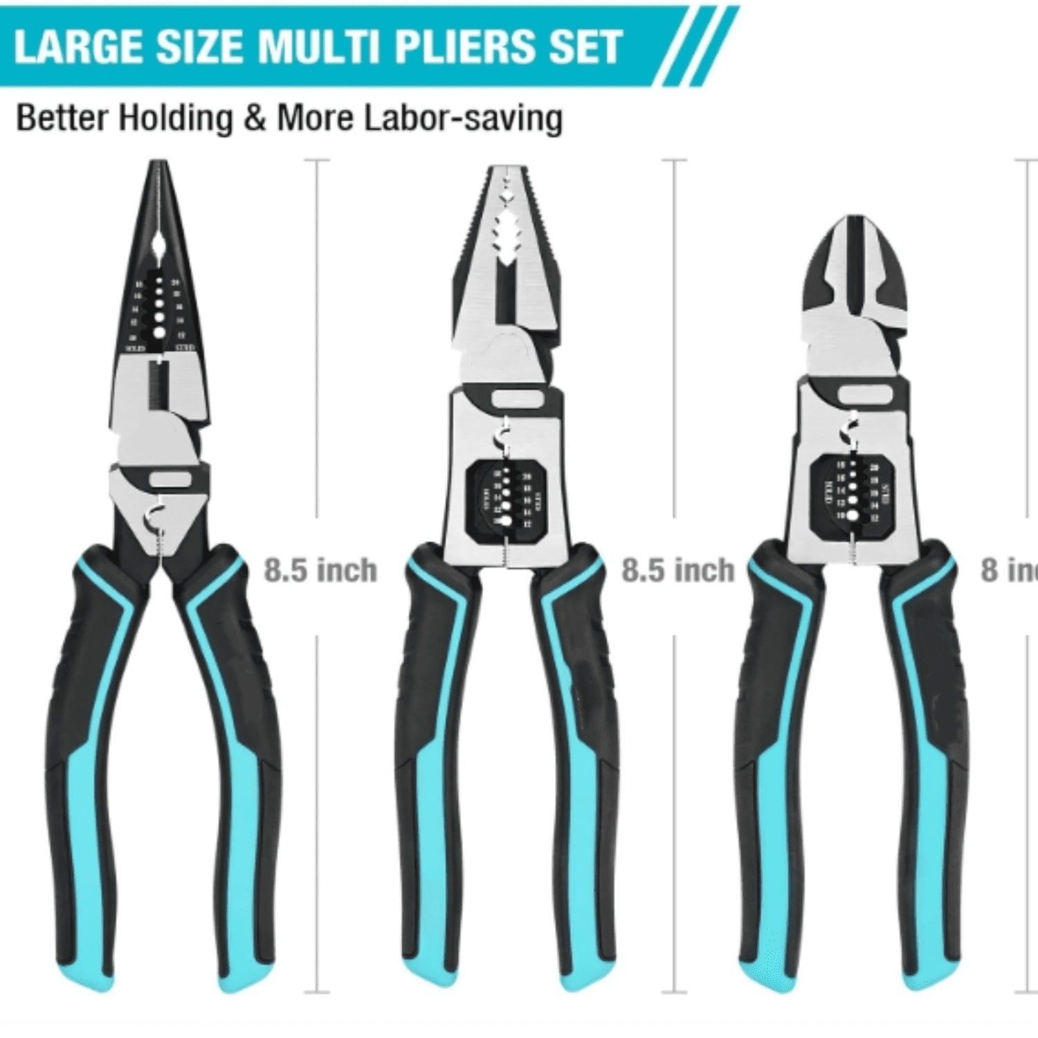 3PCS Pliers Set, Large 6 in 1 Multifunctional Wire Stripper Crimper Cutter, 8.5" Long Nose Pliers, 8.5" Linesman Pliers, 8" Diagonal Side Cutting