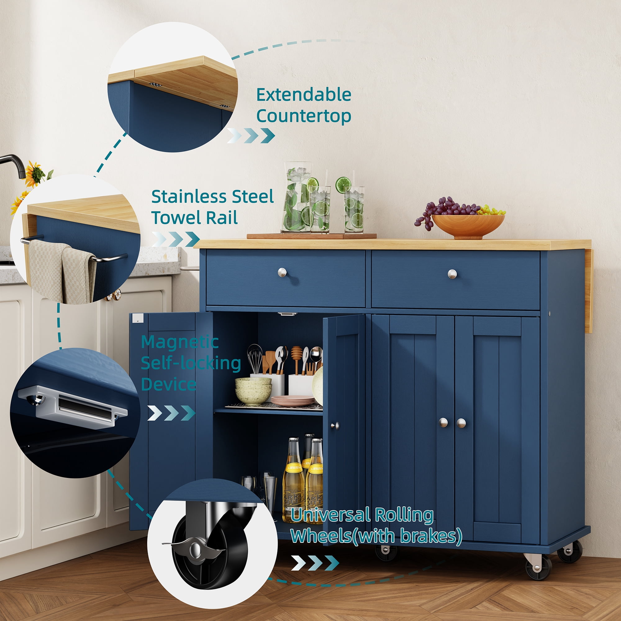 Walsunny Kitchen Islands Carts with Drop Leaf Table 2 Drawers 5 Wheels 4 Magnetic Doors Rolling Storage Cabinet Blue