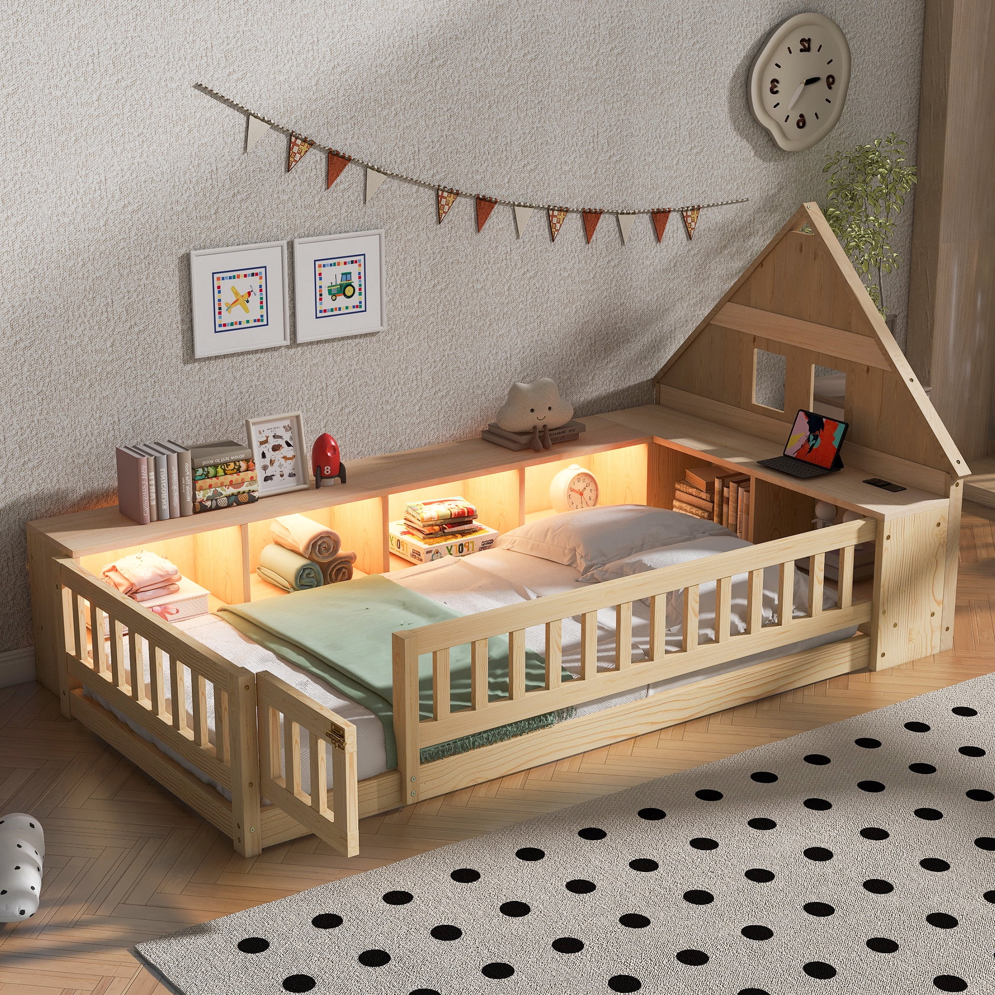 Euroco Wood Twin Size Floor Bed with Storage Shelves and Cabinets, Platform Bed with Guardrails, LED Light and USB Charge, Natural