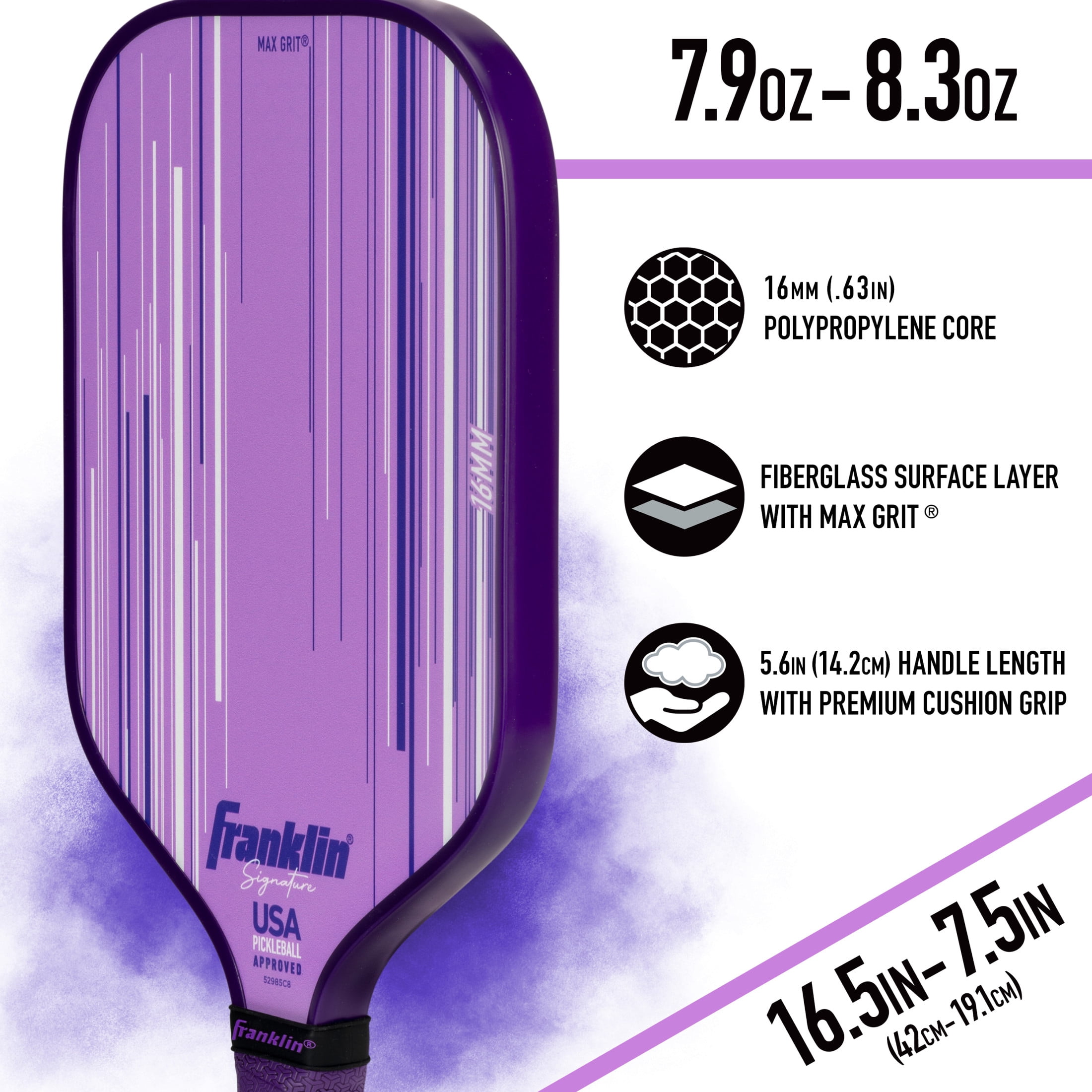 Franklin Sports Pro Pickleball Paddles - Signature Series Pro Pickleball Paddle with MaxGrit Surface - USA Pickleball (USAPA) Approved Tournament Pickleball Paddle - 16mm Polypropylene Core - Lilac