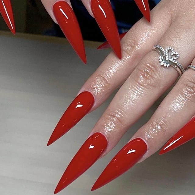 Uñas postizas Press On MERVF rojas largas almendradas 24 piezas acrílicas