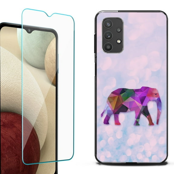 Slim-Fit Flexible TPU Gel Phone Case (black) for Samsung Galaxy A32 5G, with Tempered Glass Screen Protector, by OneToughShield ® - Elephant /Polygon