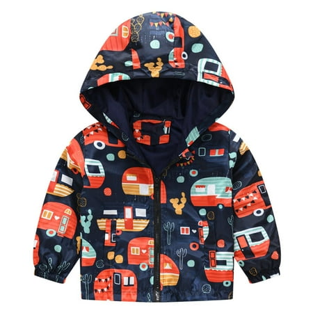 WRTFVZA Winter Coats for Girls Boys Windproof Print Zipper Hooded Jacket for Autumn Outdoor Activities and Casual Wear Comfortable Kids Outerwear(Black 5-6 Years)