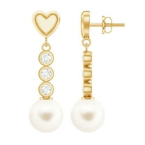 Rosec Jewels 6.25 CT Diamond Earrings with Freshwater Pearl Drop, Diamond and Pearl Dangle Earrings, Pearl Drop Dangle Earrings with Gold Heart, 14K Yellow Gold