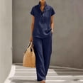 thumbnail image 2 of Levmjia Women Linen Two Piece Set Short Sleeve Stand Collar Shirt And Wide Leg Pants Casual Summer Outfit Solid Color Breathable Soft Vacation Beach Office, 2 of 7