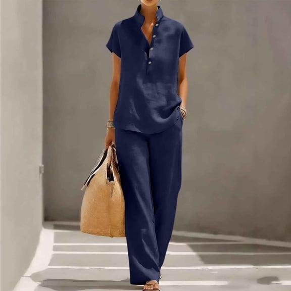 Cagogo Women Plus Size 2 Piece Short Sleeve Set Loose Open Front Shirt Wide Leg Pants Casual Summer Boho Vacation Outfits Cruise Airport Travel Clothes Solid Lounge Matching Sets, Navy L