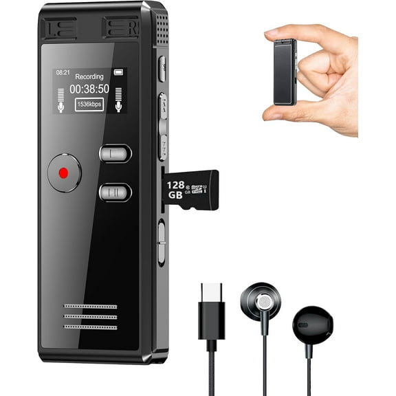 128GB Digital Voice Recorder with Playback, 3072 Kbps HD Voice Activation Recording, Noise Reduction, Lecture Conference Audio Device, A-B Loop, MP3 Player
