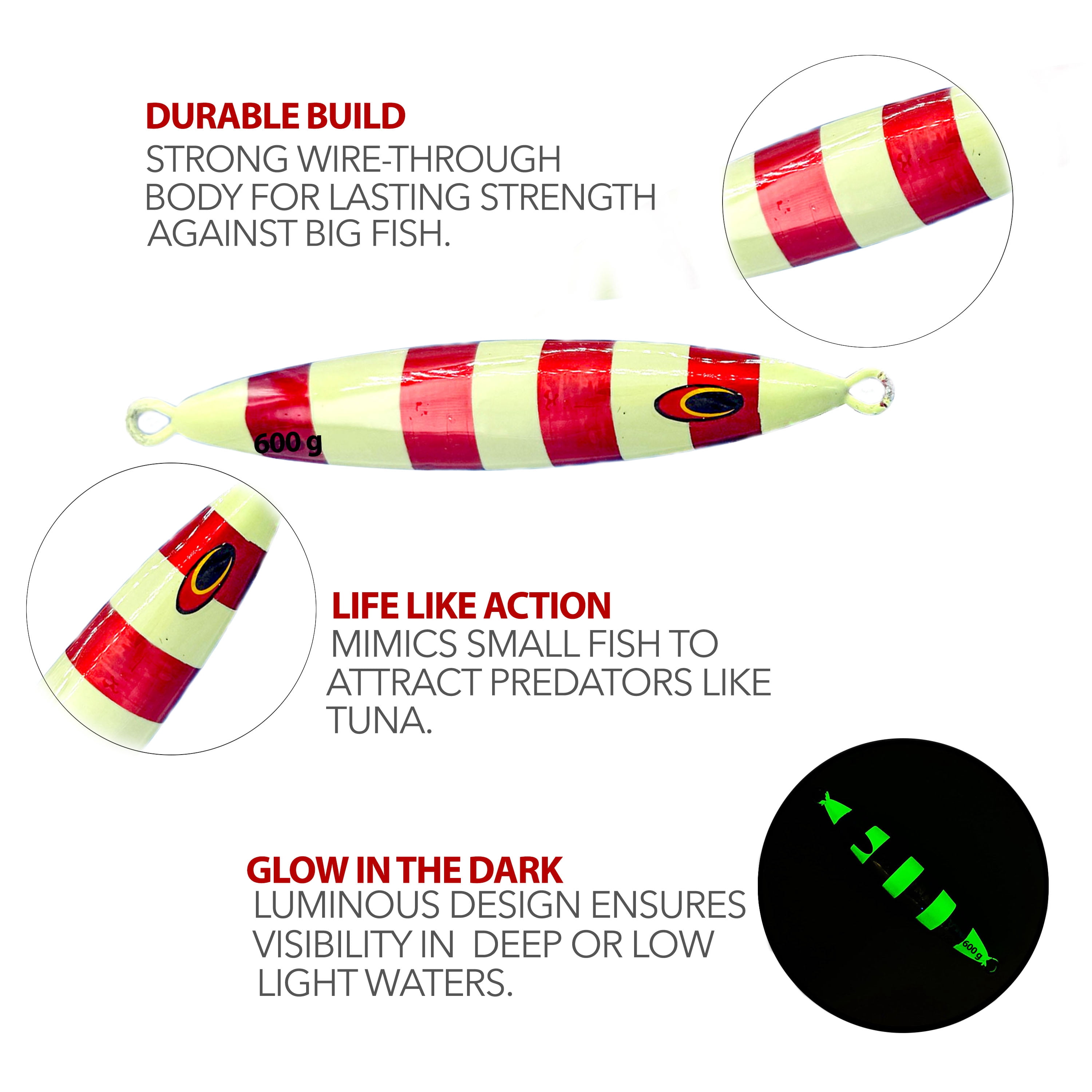 7" Tuna Jig 600g,3 Pcs Rainbow Zebra Glow Fishing Lures, Ideal for Tuna & Saltwater Fishing