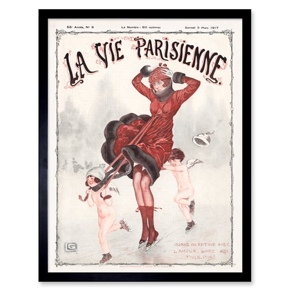 Vintage French Fashion La Vie Parisienne Winter Skating Beware Cherubs Magazine Cover Art Print Framed Poster Wall Decor 12x16 inch