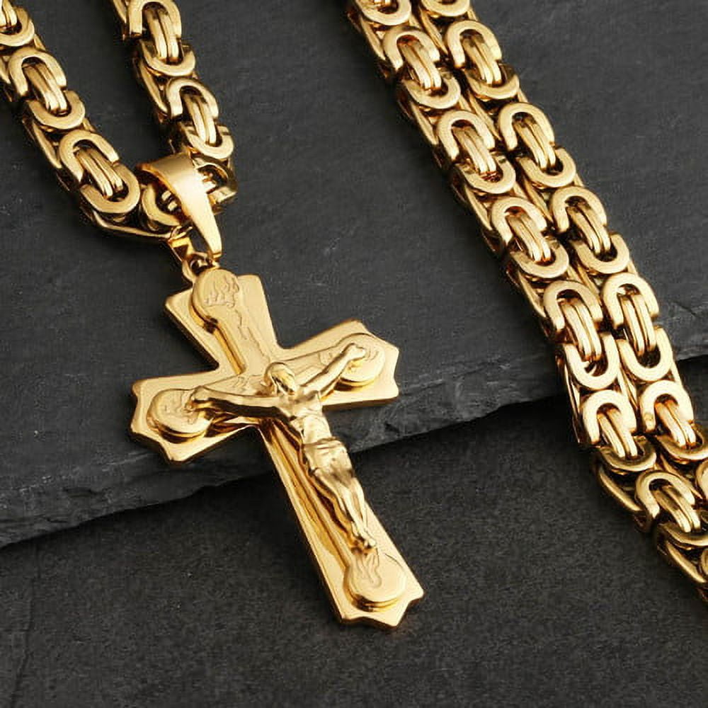 Lovelords Religious Jesus 14k Yellow Gold Cross Necklace Men Crucifix Pendant with Chain Necklaces Male Necklace Jewelry