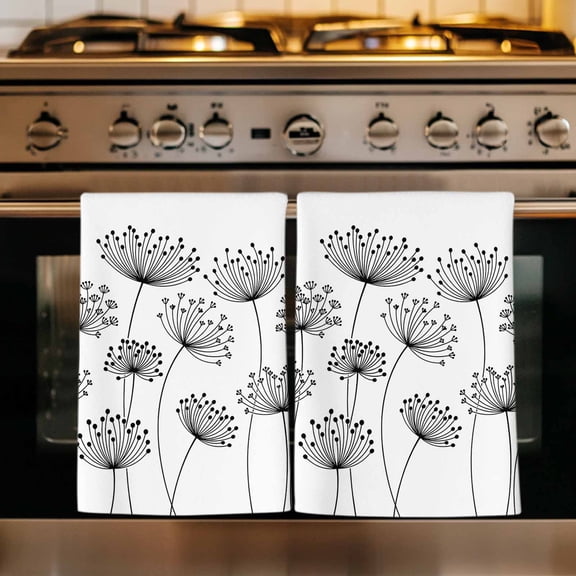 Black Dandelion Kitchen Towels Set of 4, Country Modern Minimalist Flower Absorbent Dish Towels for Kitchen, Microfiber Hand Towel, Quick Drying Tea Towel for Cleaning Decorative Dishcloths