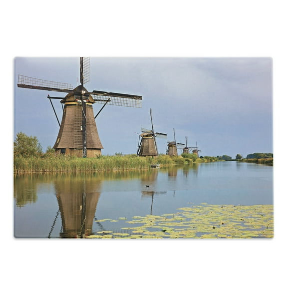 Dutch Cutting Board, Landscape Image of Traditional Wooden Windmills from Kinderdijk, Decorative Tempered Glass Cutting and Serving Board, in 3 Sizes, by Ambesonne