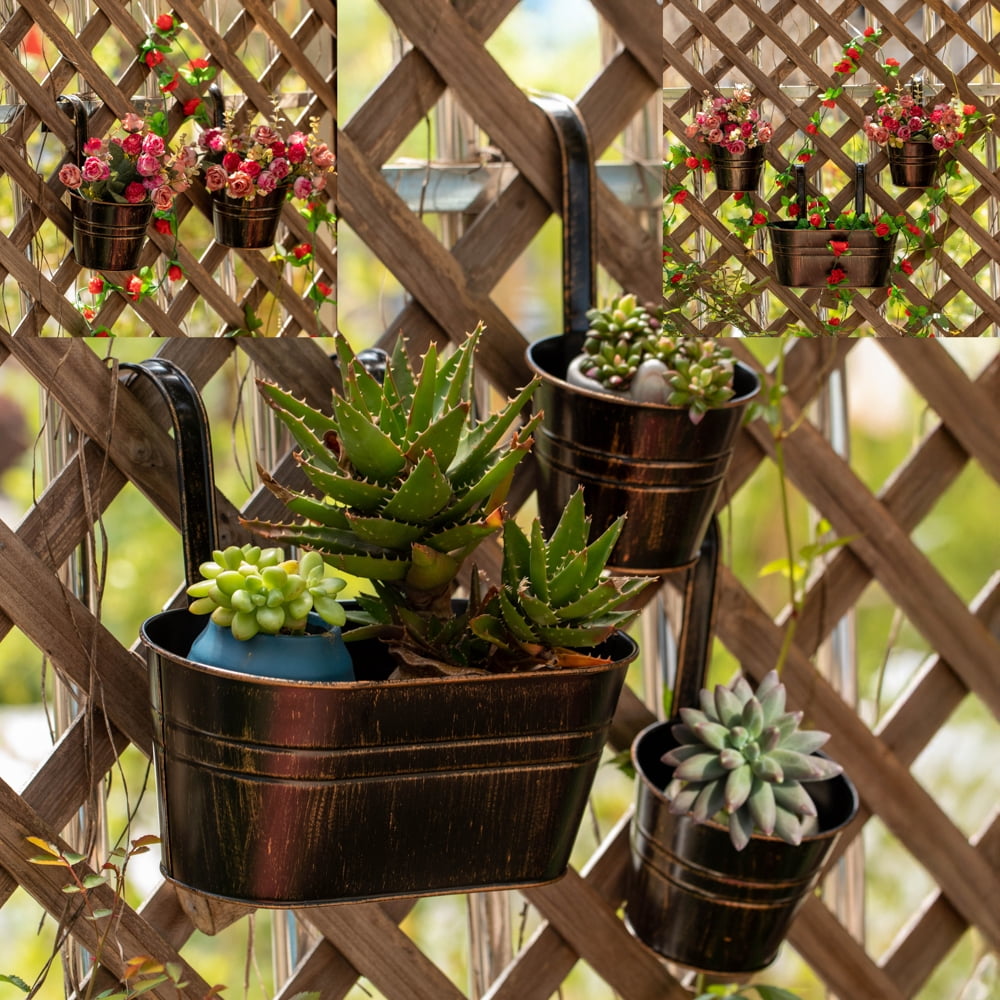 Gardenised Set of 3 Metal Hanging Railing Planters with Detachable Hooks Decorative Outdoor Set for Balcony Patio Deck or Fence Ideal for Displaying Flowers Succulents Herbs and Cascading Plants