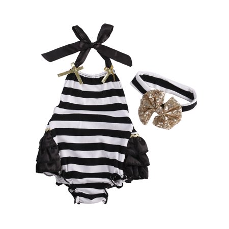 

Pudcoco Baby Girl Stripe Ruffle Bodysuit Headband Princess Sunsuit