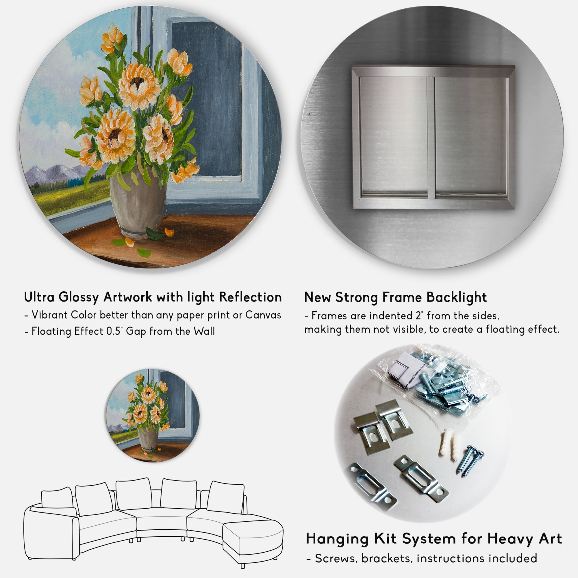 Designart 'Still Life With Orange Flowers In Vase At The Window' Traditional Circle Metal Wall Art 36x36 - Disc of 36