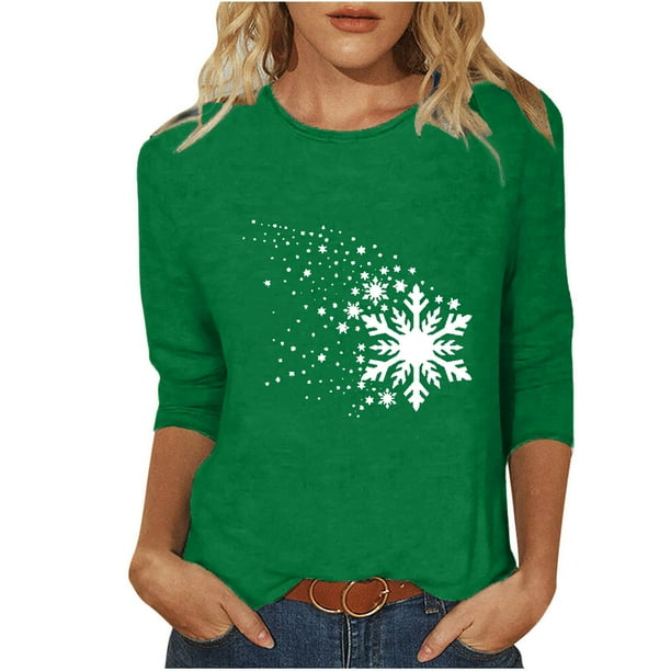 Camisetas de Manga Larga de las Mujeres Imprimir Navidad Cuello Redondo 3/4 Manga Suéter, Top Casual para las Vacaciones