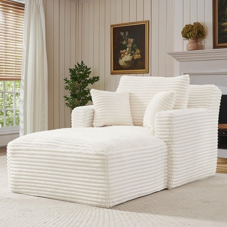 QuzyAor 65.4" Oversized Corduroy Chaise Lounge Chair, Boneless Sofa Bed with 3 Pillows, Deep Seat for Living Room Bedroom, White