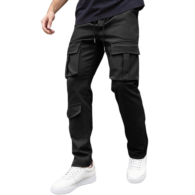 Men's Solid Color Cargo Pant with Drawstring Waist and Functional Pockets for Everyday Casual Wear Straight Leg Design