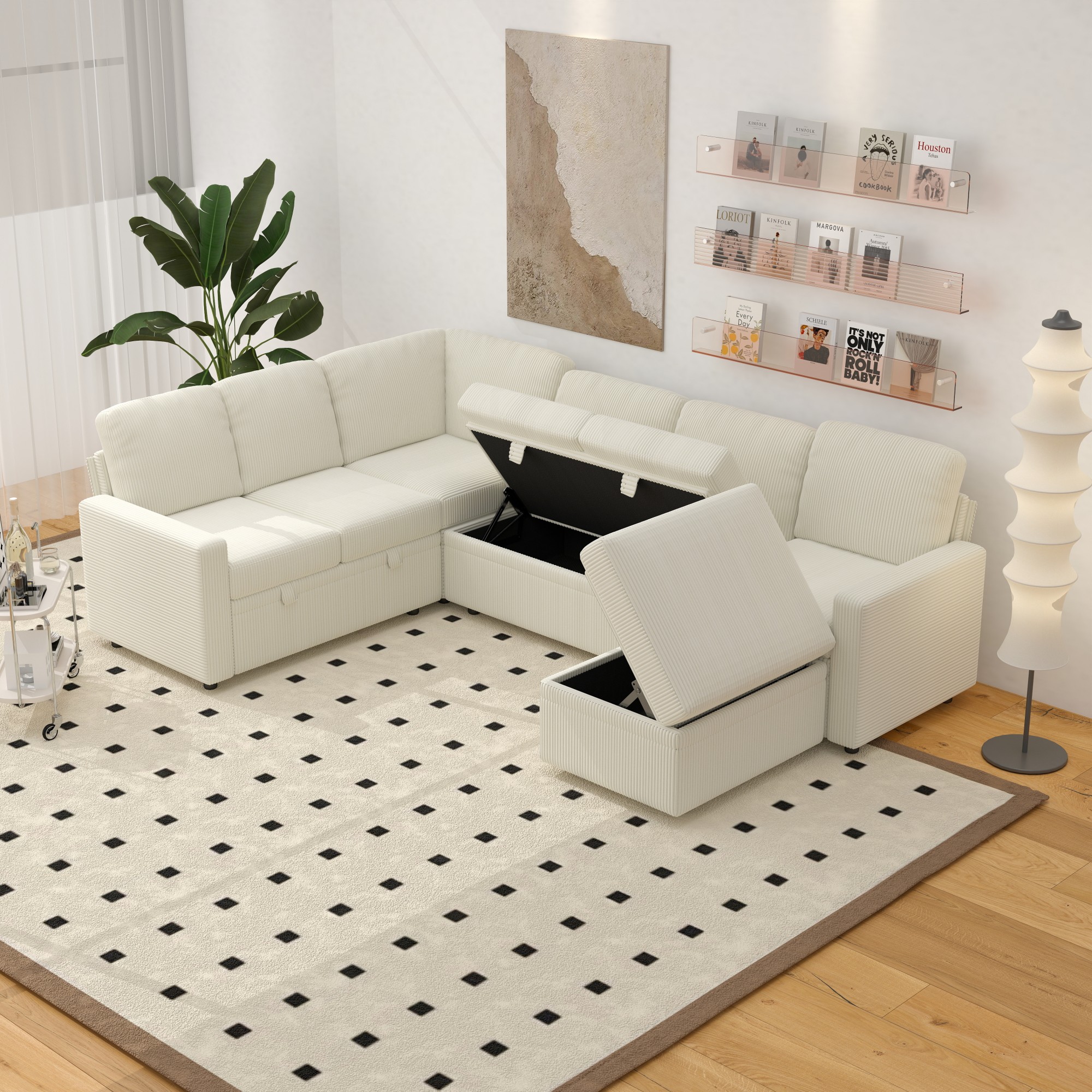 Gewnee 6-Seater Beige L-Shaped Convertible Sofa - Soft-Touch Corduroy Fabric,Multifunctional Storage, for Living Rooms & Halls（including 1 footstool）