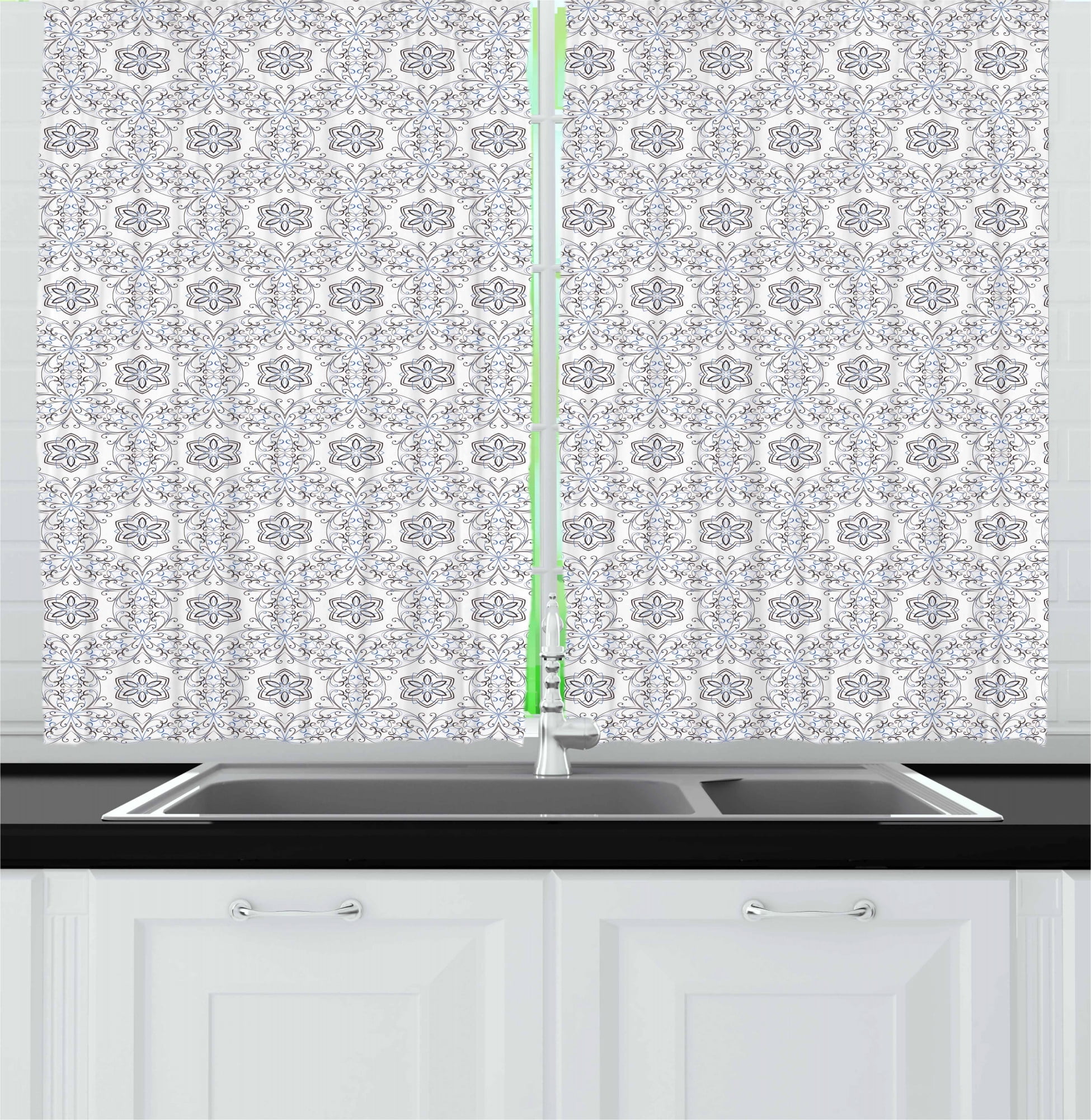 Floral Kitchen Curtains, Scroll Style Pattern with Curled Leaf Motifs