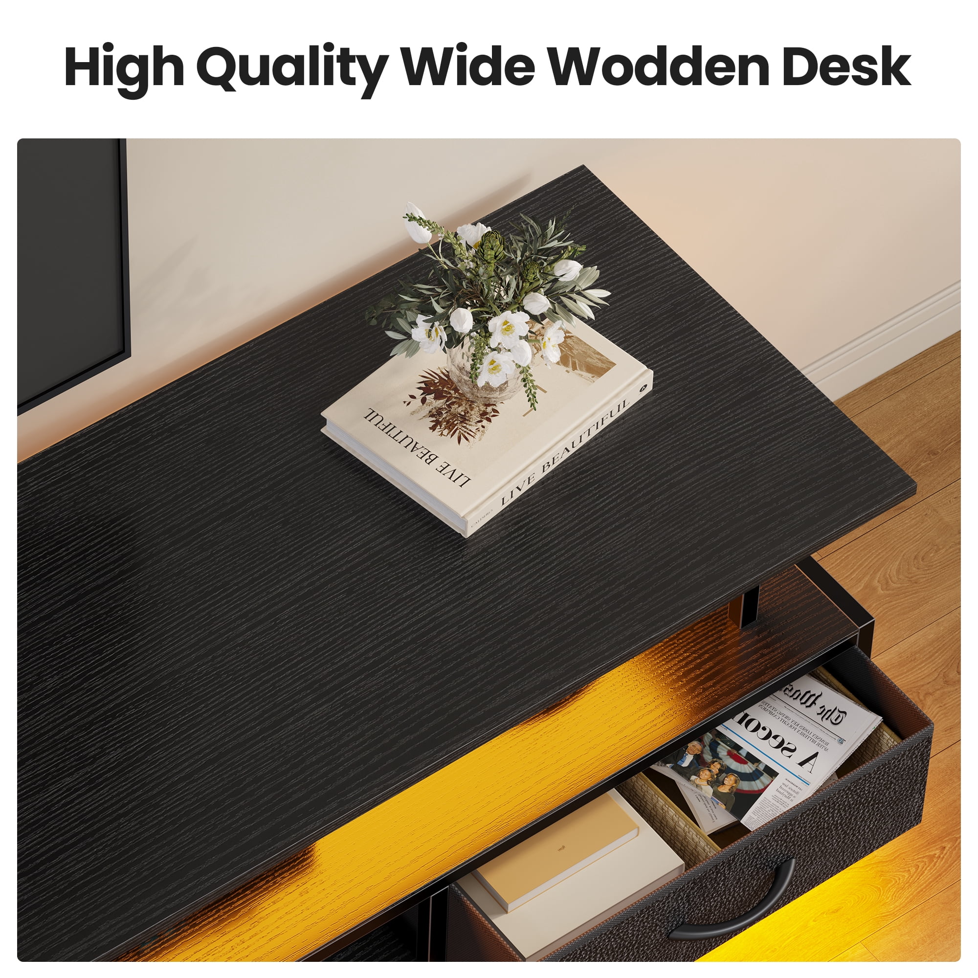 TV Stand with Drawer-6 PU Fabric Drawer- Entertainment Center and Industrial TV Console Table with Open Storage Shelves / LED Lights/ Power Outlets,Black TV Stand for 65 70 Inches TV