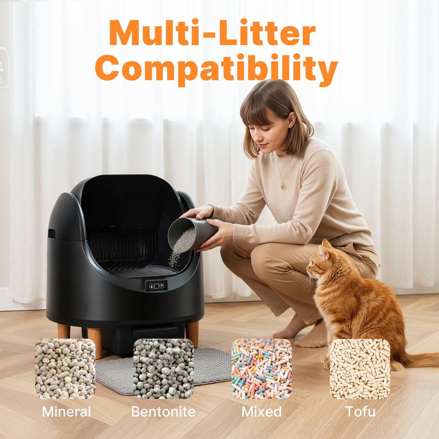Self Cleaning Cat Litter Box, Open-Top Large Automatic Cat Litter Box with APP Control, Odor-Free Waste Disposal, Black