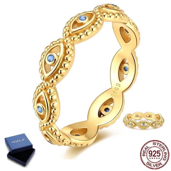 MULA 925 Sterling Silver Gold Plated Devil's Eye Statement Ring, Dainty Sparkling AAA CZ Women's Jewelry Gift for Her Size 6