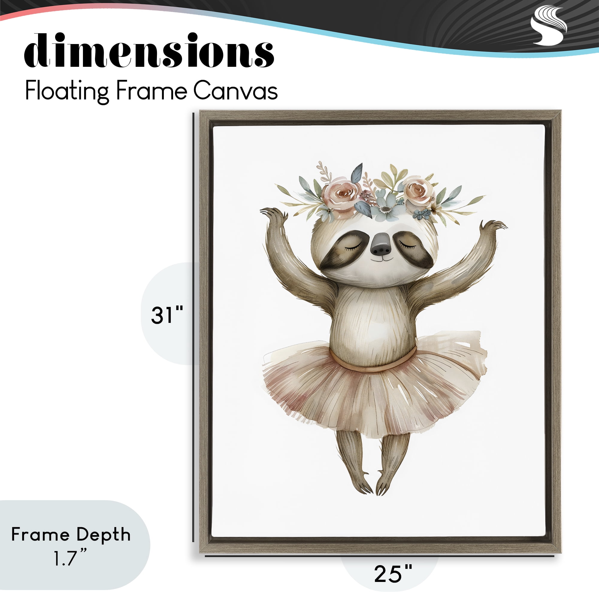 Stupell Industries Dreamy Sloth Ballet with Flowers Brown Framed Floater Canvas Wall Art, design by LSR Design Studio