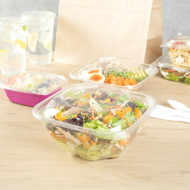 Thermo Tek 25 oz Square Clear Plastic Take Out Salad Bowl - with Lid,  Anti-Fog - 7 1/2 x 7 1/2 x 2 3/4 - 100 count box