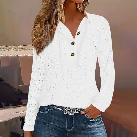 XUNKUSGA Women's Clothing Eyelet Long Sleeve Tops for Women Trendy Half Button Up Pullover Hoodies Comfy Breathable Fall Clothes Casual Loose Fashion Clothing S-2XL