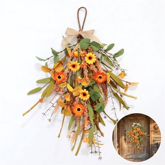 Xinshengli 20 Inch Artificia Fall Teardrop Swag Autumn Harvest Sunflowers Leaves Door Swag Hanging Flower Wreath for Thanksgiving Fall Front Door Window Wall Decor