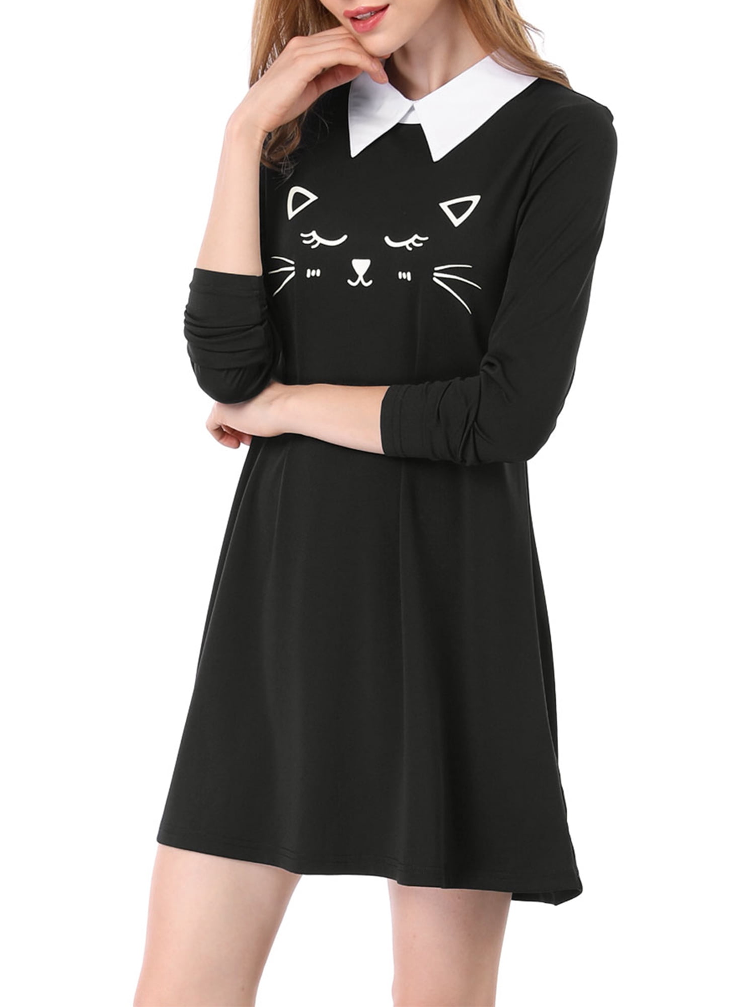 Unique Bargains Women's Cat Face Print Contrast Collar Flare Hem Dress
