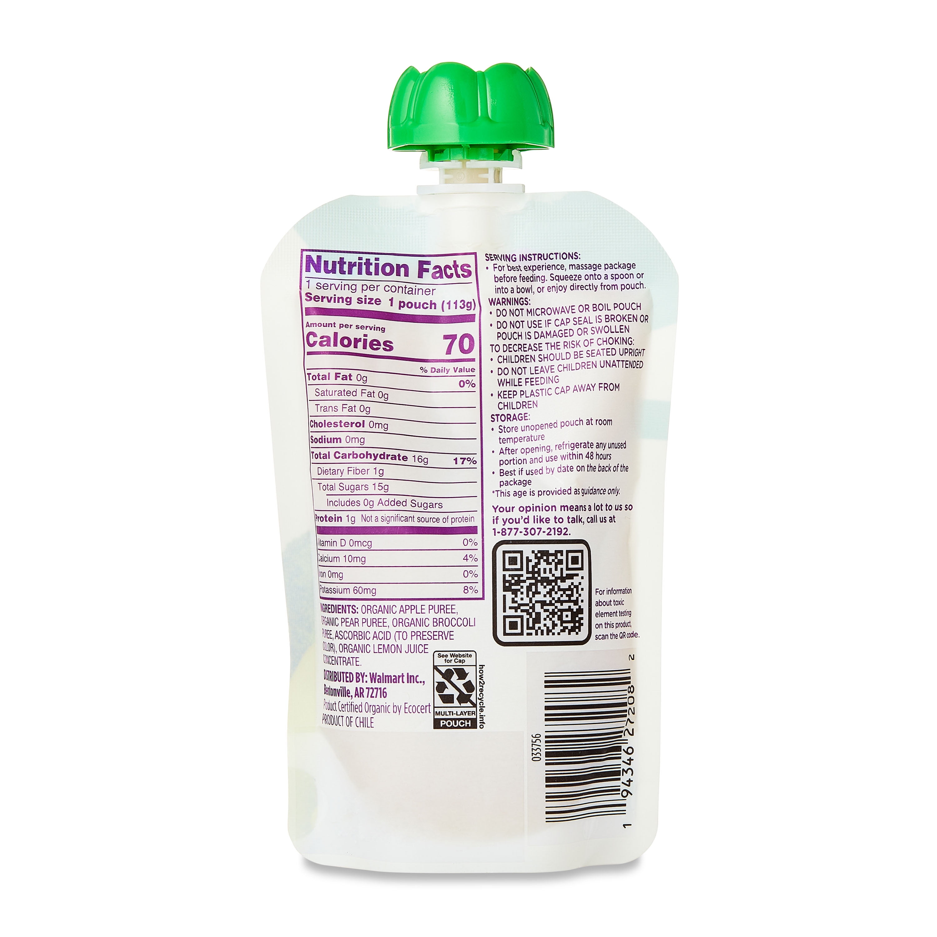 Parent's Choice Organic Stage 2 Baby Food Apple, Pear, and Broccoli Puree, 4 oz Pouch