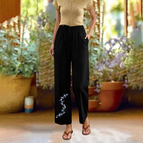 Linen Cotton Casual Pants for Women Travel Ready Home Lounge Drawstring Waist Summer with Pockets Straight Leg Pants Black B Large