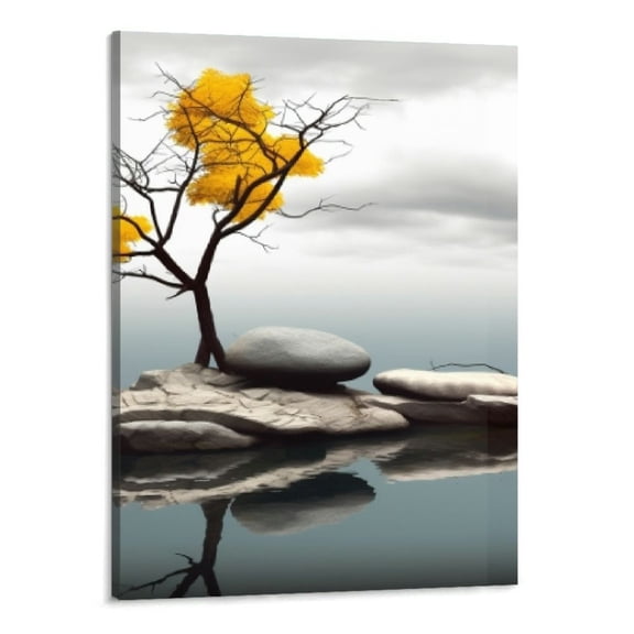Creowell Modern Bathroom Yellow Gray Wall Art Picture Balance Stone Pebble Canvas Print Black and White Tree Zen Artwork Wall Decor for Office Bedroom 16x20 Inch