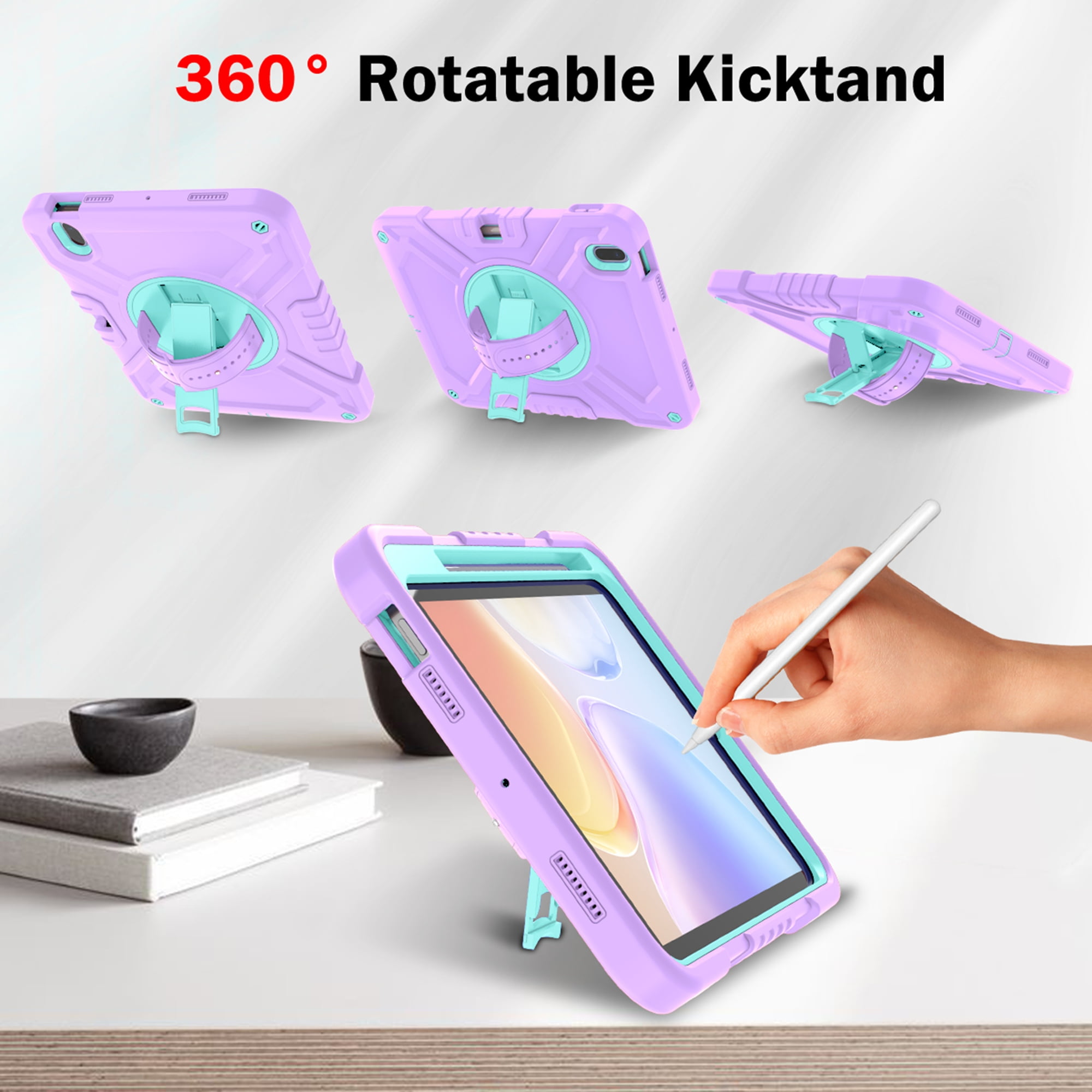 Dteck Kids Case for iPad 10th Generation Case 2022, Military Grade Shockproof Rugged Cover for iPad 10th Gen 10.9 Inch with 360° Swivel Stand - Handle - Shoulder Strap - Pencil Holder,Purple Green